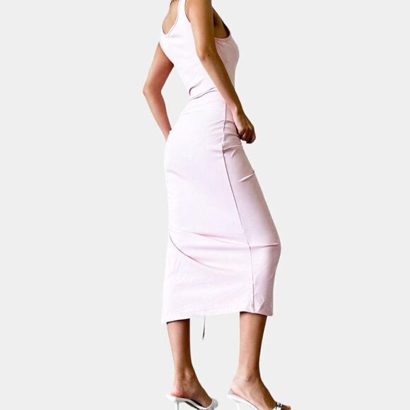 Pastel Pink Knit Pleated Bodycon Midi Side Slit Cocktail Casual Dress Size S/M - Picture 3 of 6